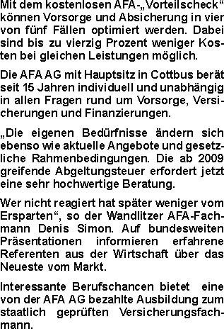 Mit dem kostenlosen AFA-„Vorteilscheck“ können Vorsorge und Abs