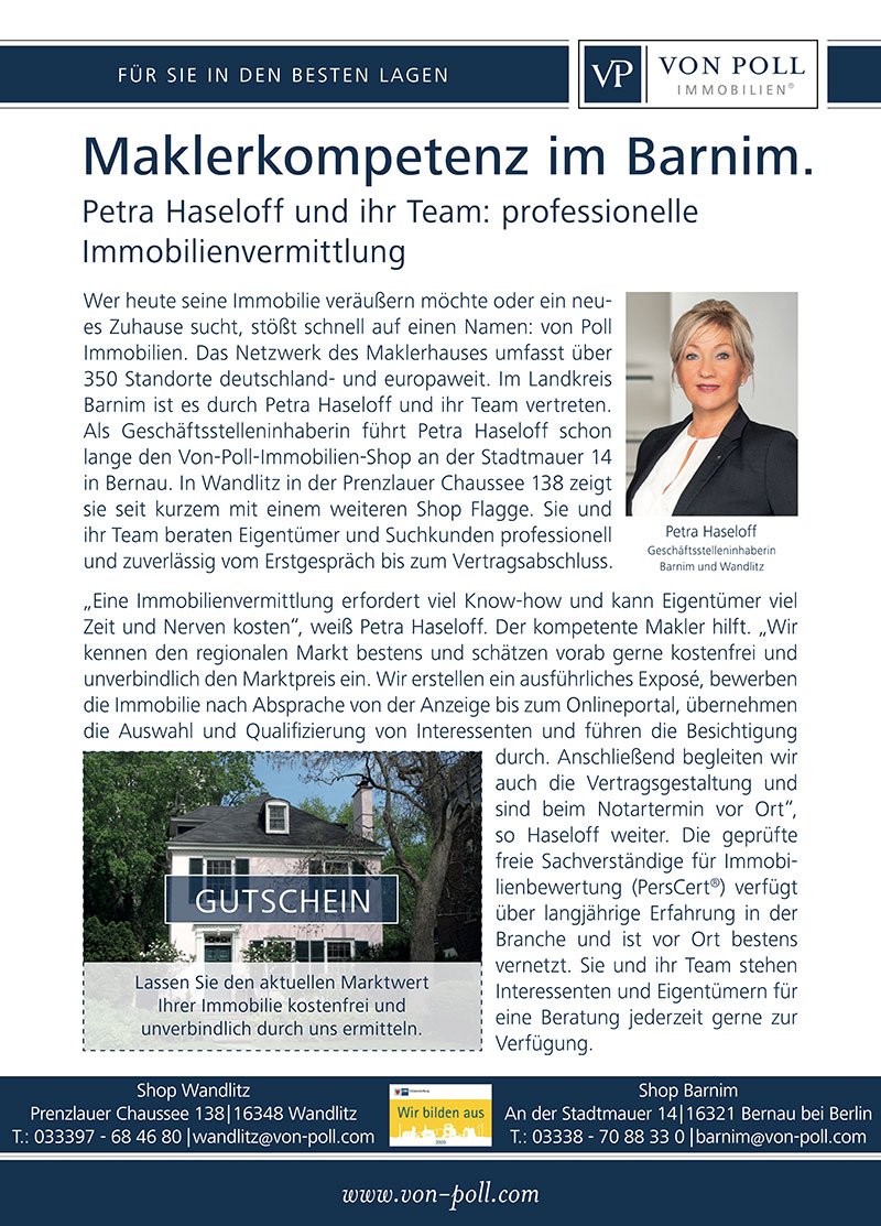 Foto von Petra Haseloff von der Firma von Poll Immobilien; Shop Wandlitz